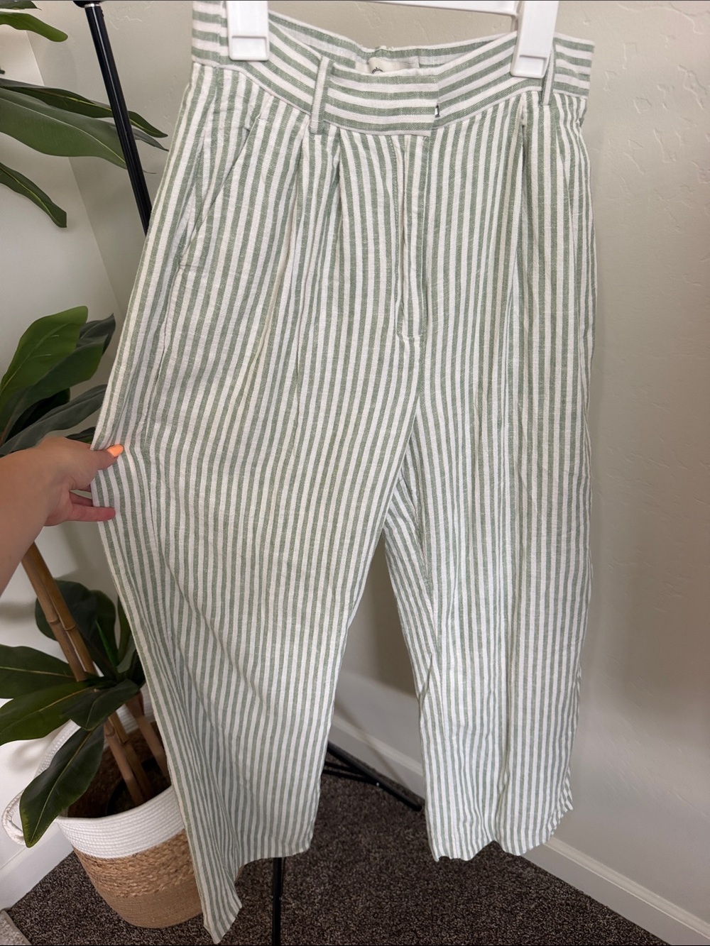 Striped Green & White linen pants